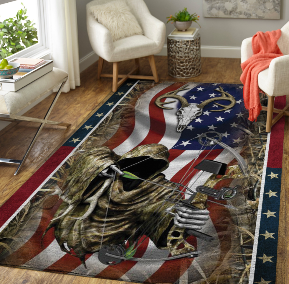Deer bow hunting American flag rug