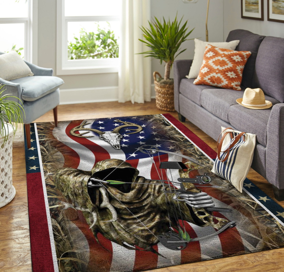 Deer bow hunting American flag rug
