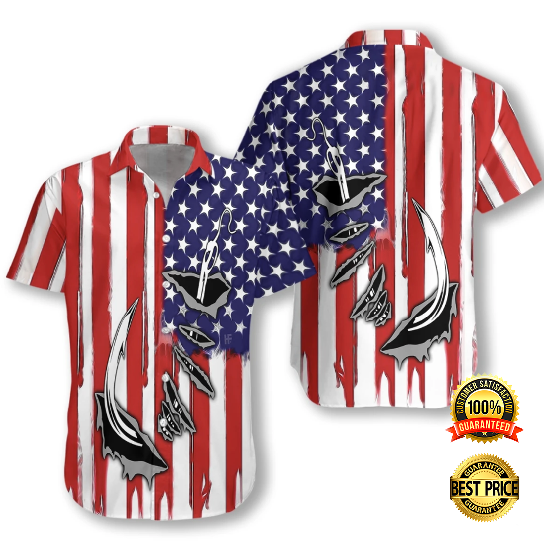 Fish hook American flag hawaiian shirt