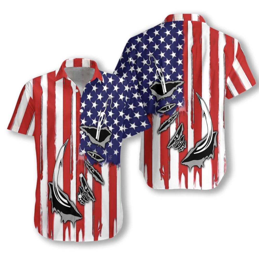 Fish hook American flag hawaiian shirt