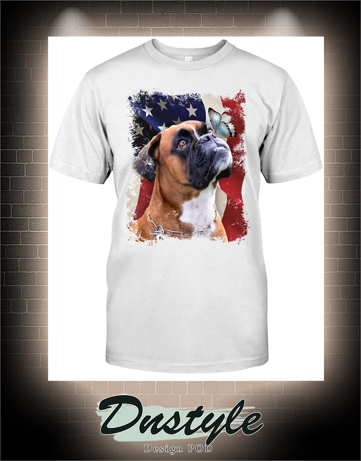Boxer butterfly on nose american flag independence day t-shirt