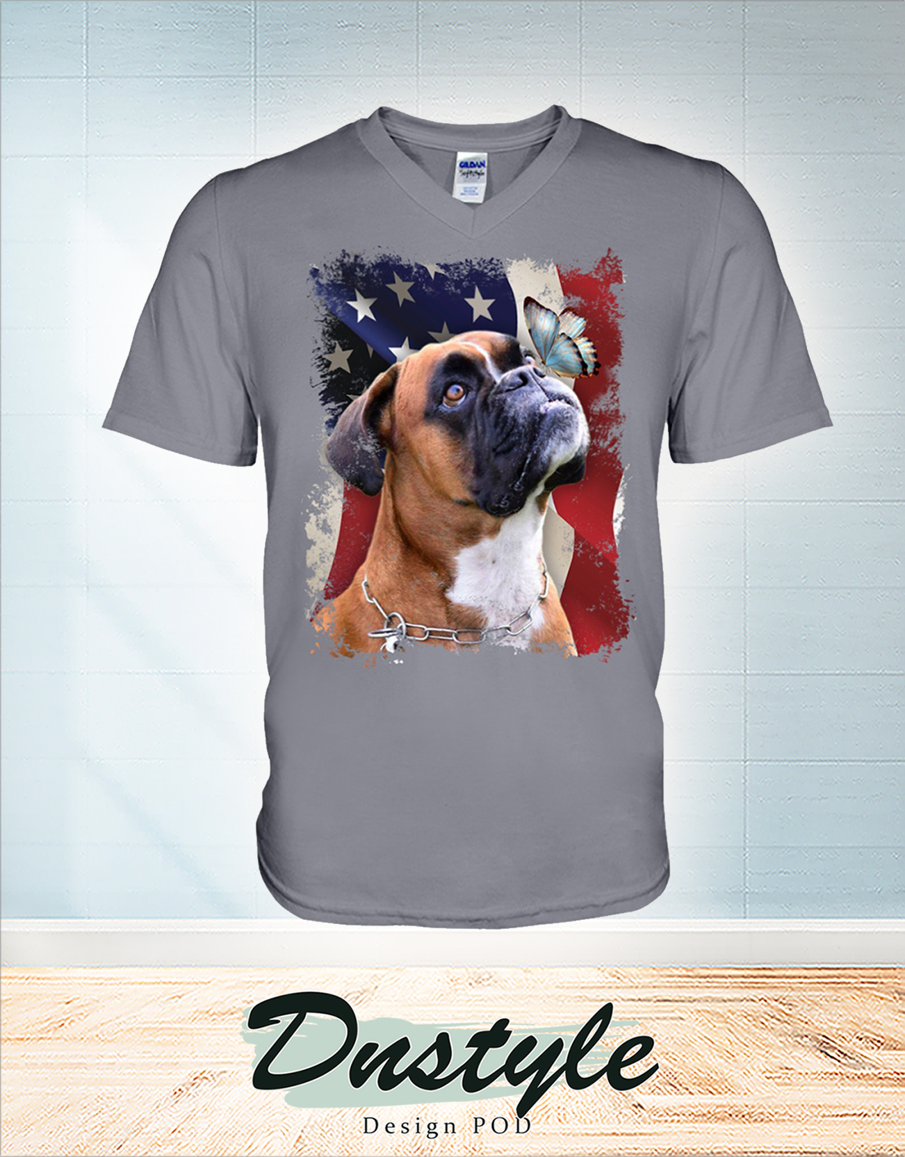 Boxer butterfly on nose american flag independence day t-shirt